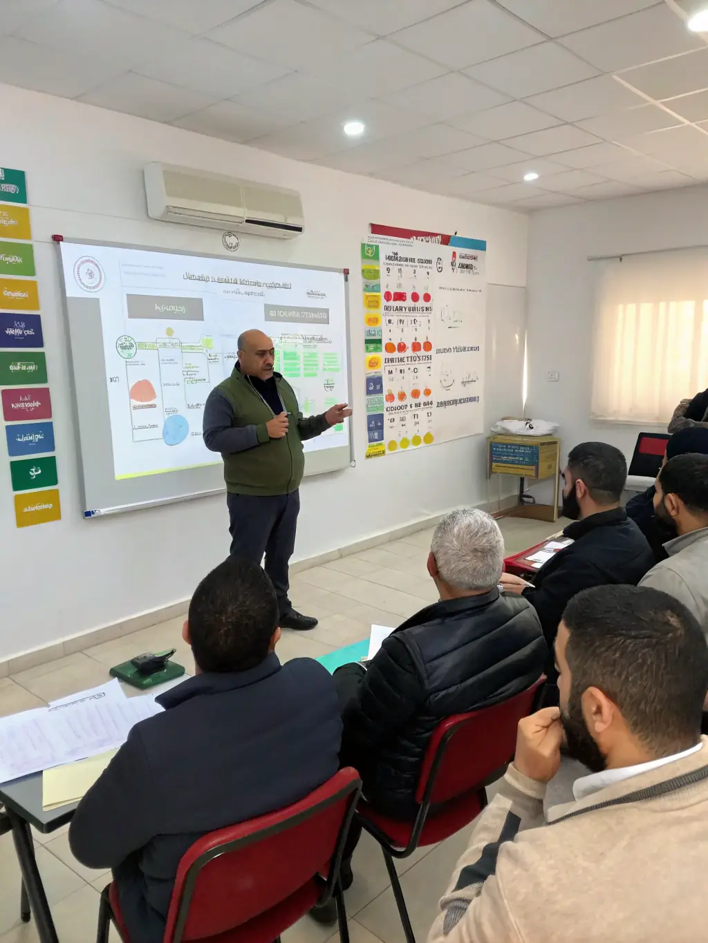Consultor conduzindo treinamento de MS Project com participantes em laptops
